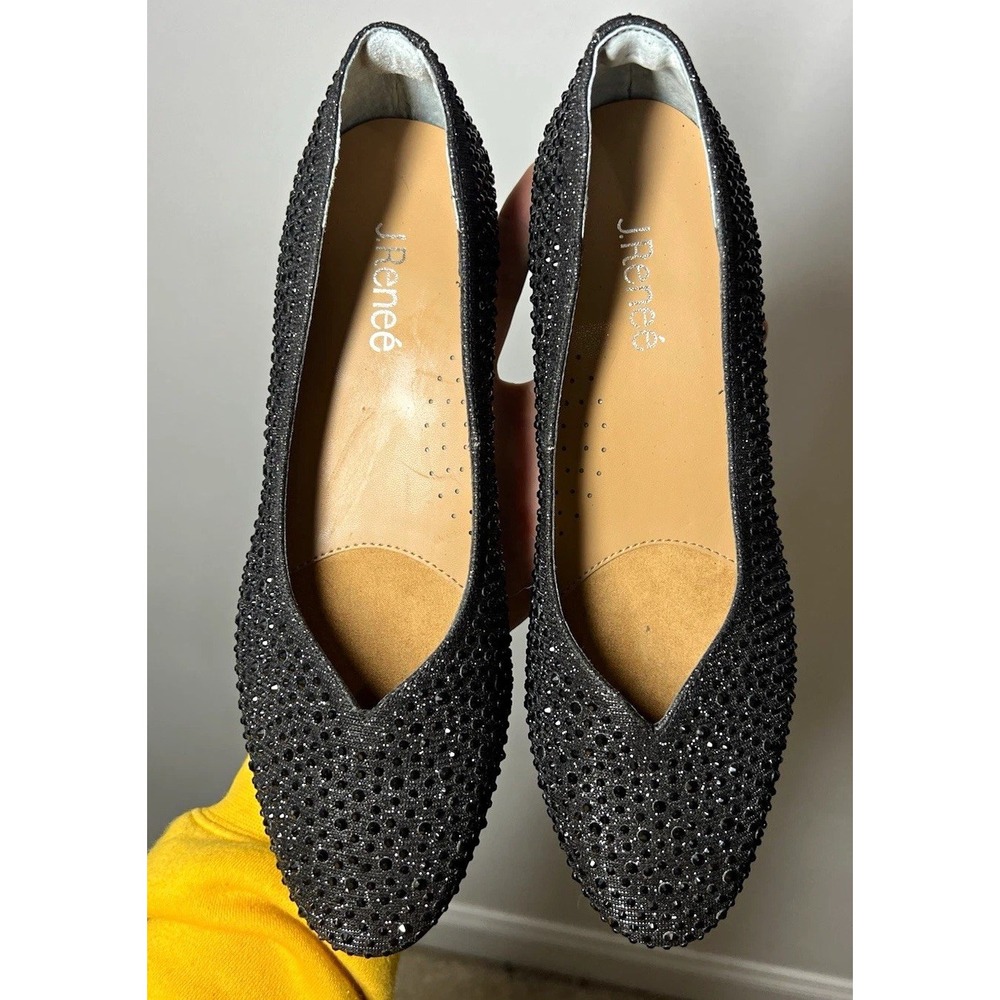 NWOB J. Renee Black Rhinestone Slip-On 2" Block Heel Round Toe Pumps Sz 9M